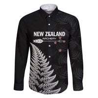 Personalised New Zealand 2025 Archery Family Matching Short Sleeve Bodycon Dress and Hawaiian Shirt Aotearoa Silver Arrows Black LT01 Dad's Shirt - Long Sleeve Black - Polynesian Pride