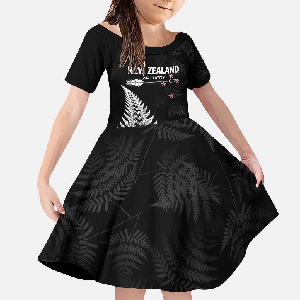 Personalised New Zealand 2025 Archery Family Matching Tank Maxi Dress and Hawaiian Shirt Aotearoa Silver Arrows Black LT01 Daughter's Dress Black - Polynesian Pride