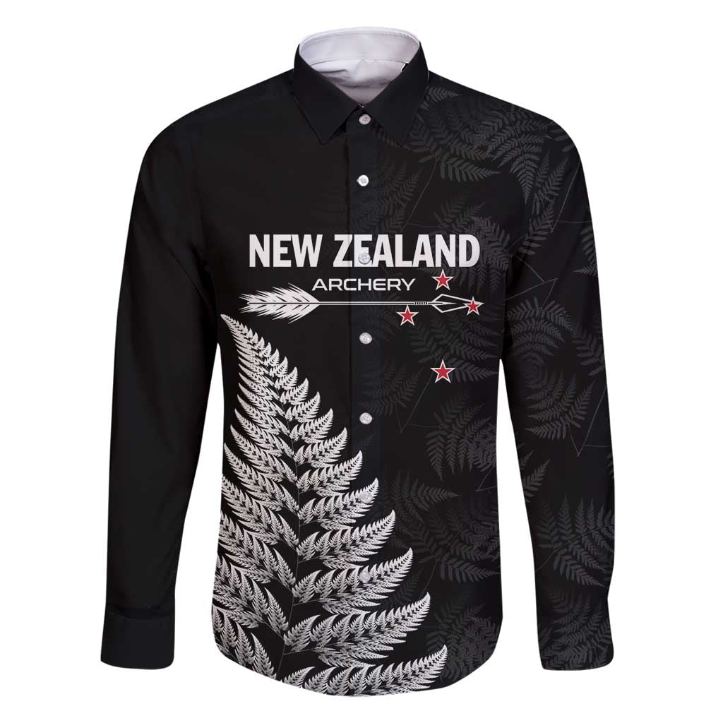 Personalised New Zealand 2025 Archery Family Matching Tank Maxi Dress and Hawaiian Shirt Aotearoa Silver Arrows Black LT01 Dad's Shirt - Long Sleeve Black - Polynesian Pride
