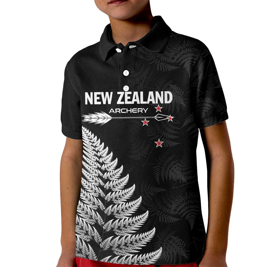 Personalised New Zealand 2025 Archery Kid Polo Shirt Aotearoa Silver Arrows Black LT01 Kid Black - Polynesian Pride