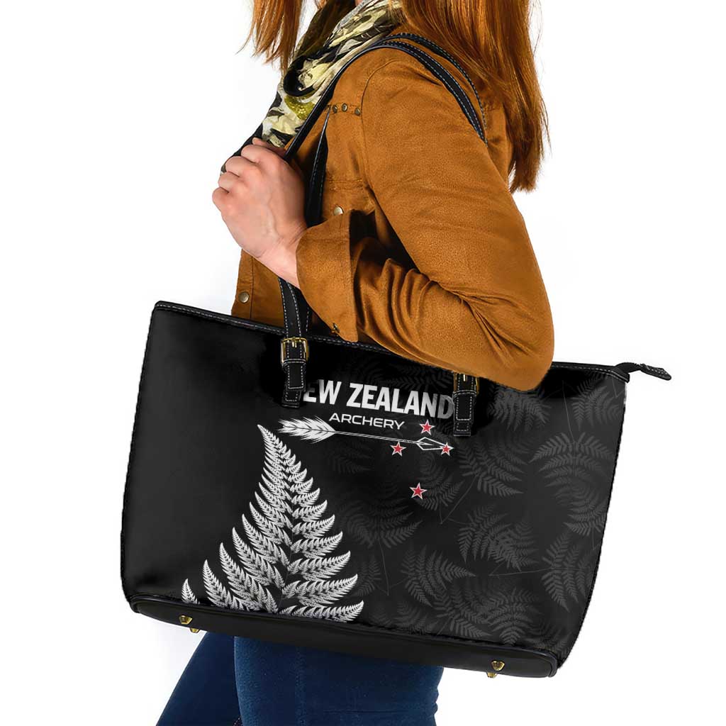 New Zealand 2025 Archery Leather Tote Bag Aotearoa Silver Arrows Black LT01 Black - Polynesian Pride