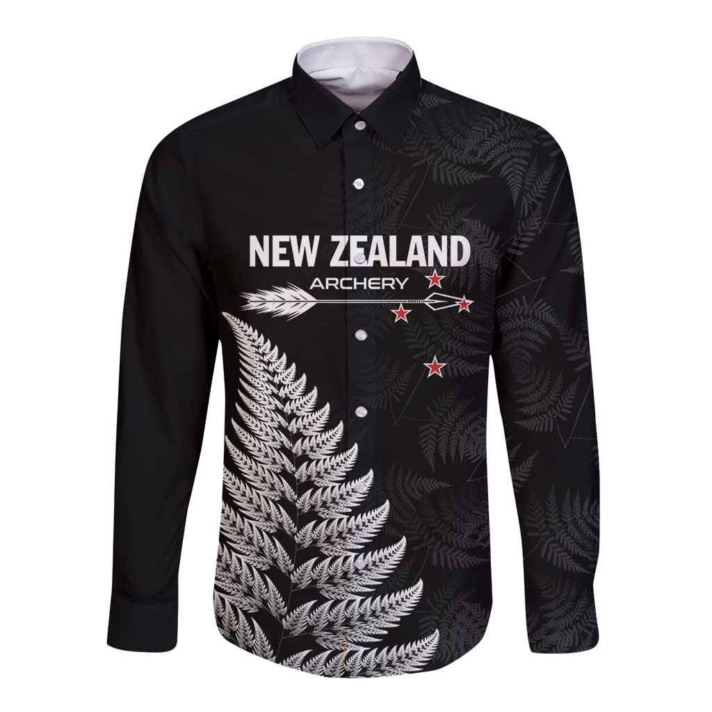 Personalised New Zealand 2025 Archery Long Sleeve Button Shirt Aotearoa Silver Arrows Black LT01 Unisex Black - Polynesian Pride