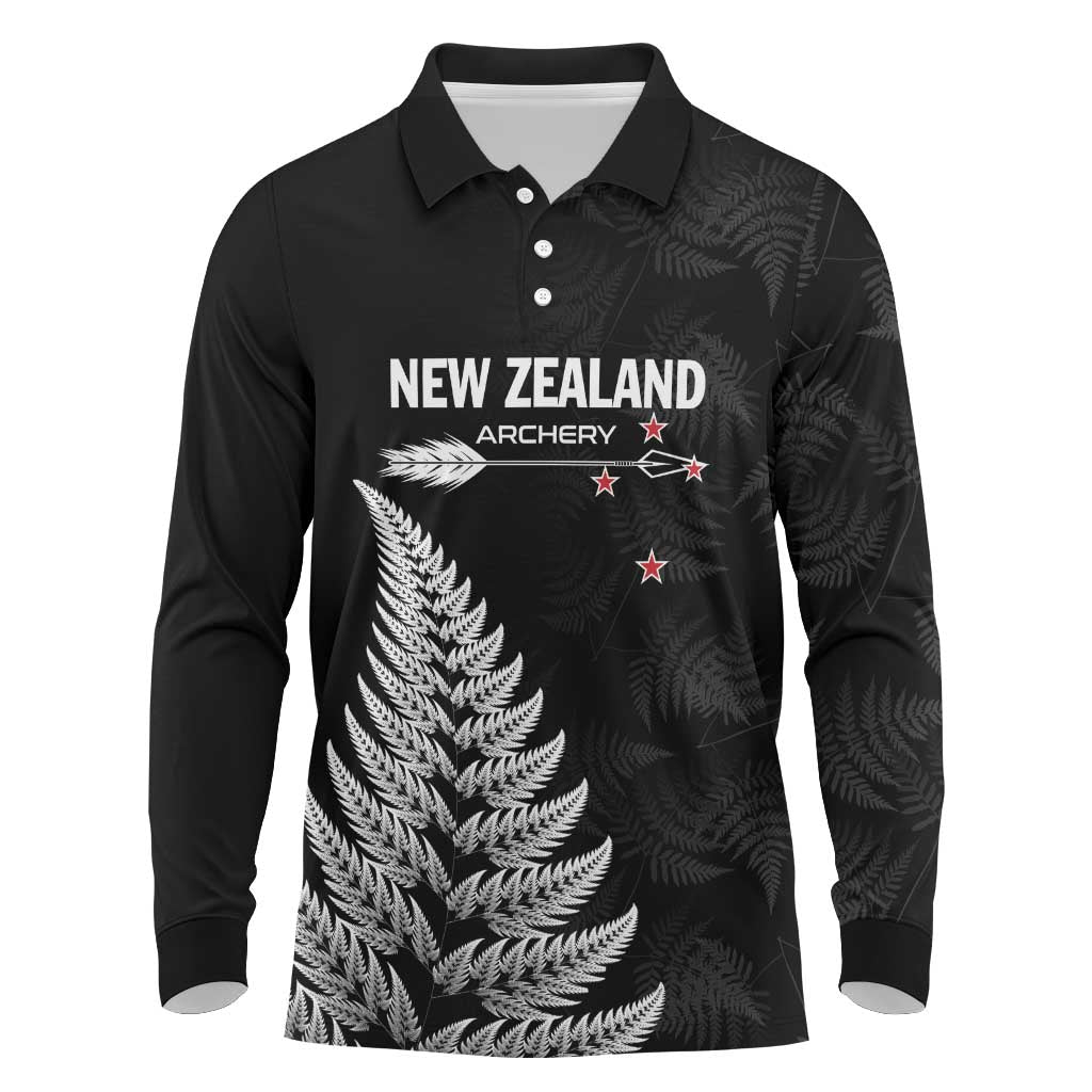 Personalised New Zealand 2025 Archery Long Sleeve Polo Shirt Aotearoa Silver Arrows Black LT01 Black - Polynesian Pride