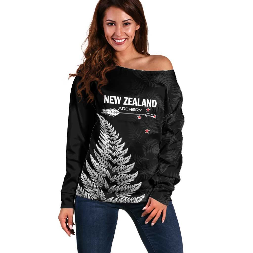 Personalised New Zealand 2025 Archery Off Shoulder Sweater Aotearoa Silver Arrows Black LT01 Women Black - Polynesian Pride
