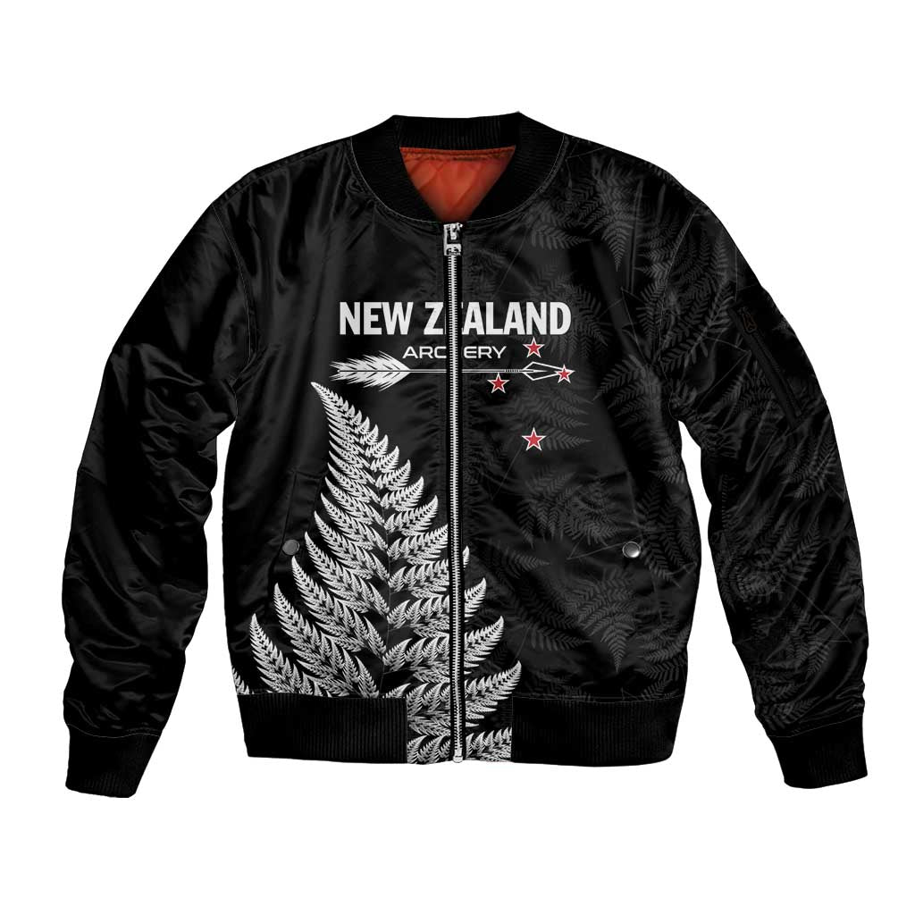 Personalised New Zealand 2025 Archery Sleeve Zip Bomber Jacket Aotearoa Silver Arrows Black LT01 Unisex Black - Polynesian Pride
