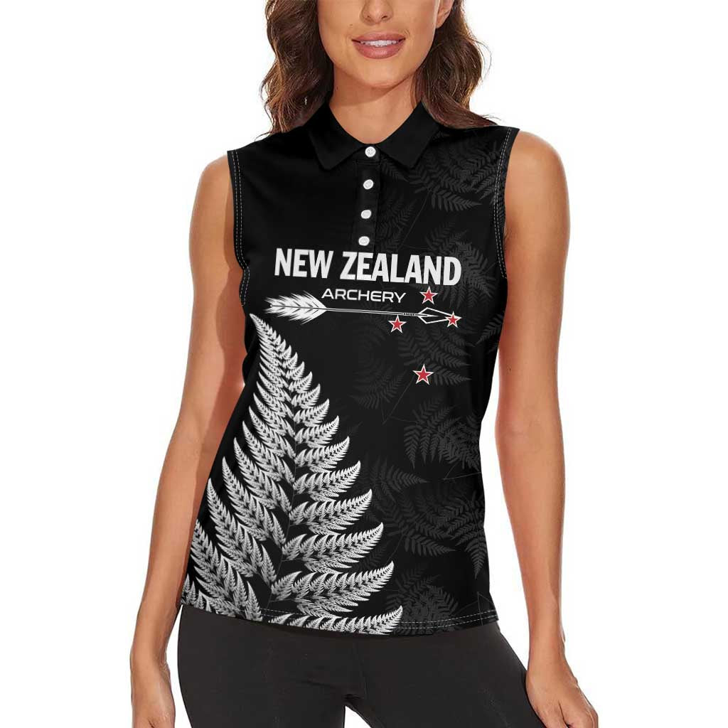 Personalised New Zealand 2025 Archery Women Sleeveless Polo Shirt Aotearoa Silver Arrows Black LT01 - Polynesian Pride
