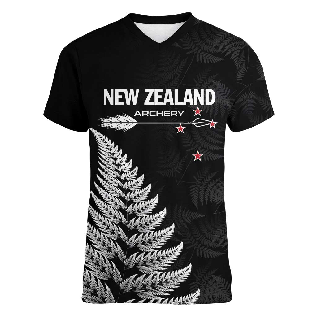 Personalised New Zealand 2025 Archery Women V-Neck T-Shirt Aotearoa Silver Arrows Black LT01 Female Black - Polynesian Pride