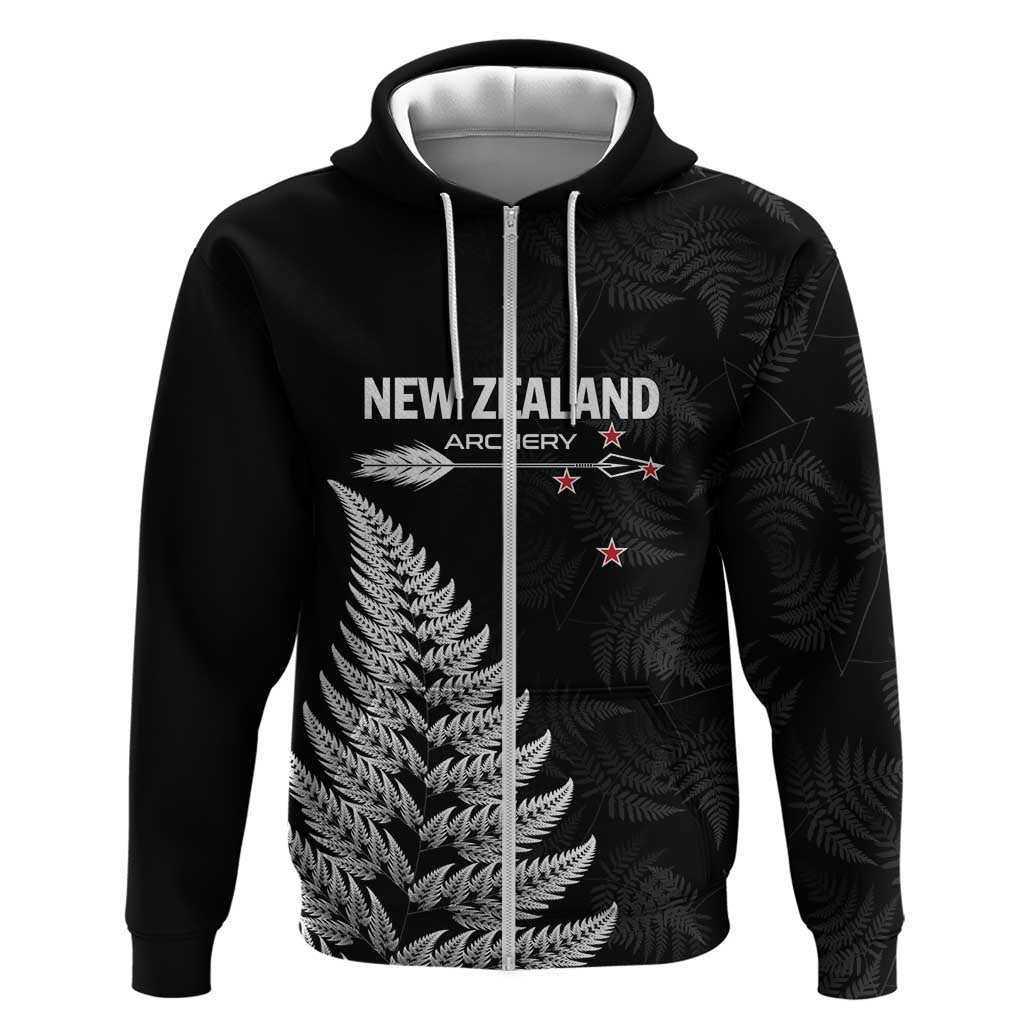 Personalised New Zealand 2025 Archery Zip Hoodie Aotearoa Silver Arrows Black
