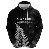 Personalised New Zealand 2025 Archery Zip Hoodie Aotearoa Silver Arrows Black