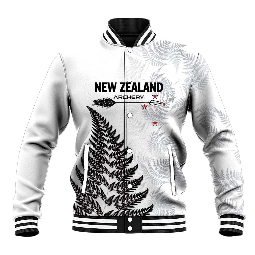Personalised New Zealand 2025 Archery Baseball Jacket Aotearoa Silver Arrows White