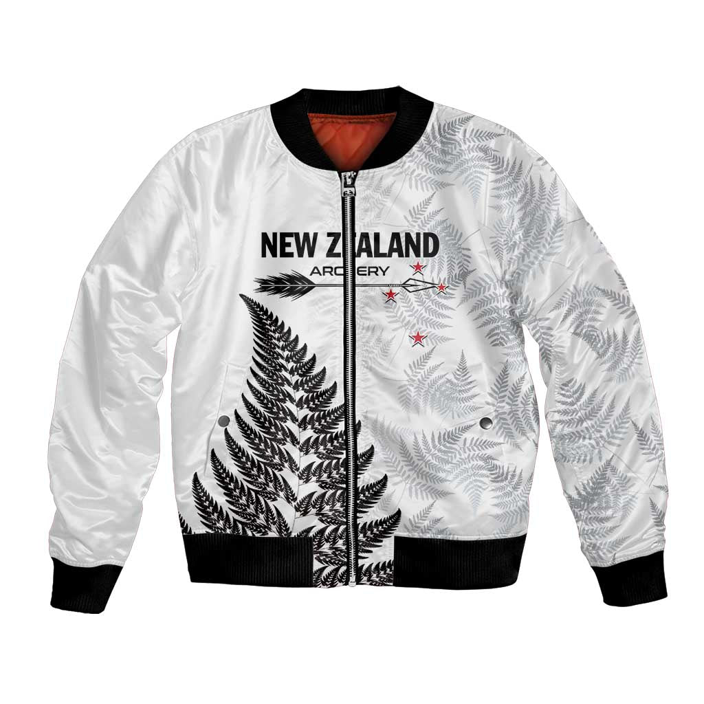 Personalised New Zealand 2025 Archery Bomber Jacket Aotearoa Silver Arrows White LT01 Unisex White - Polynesian Pride