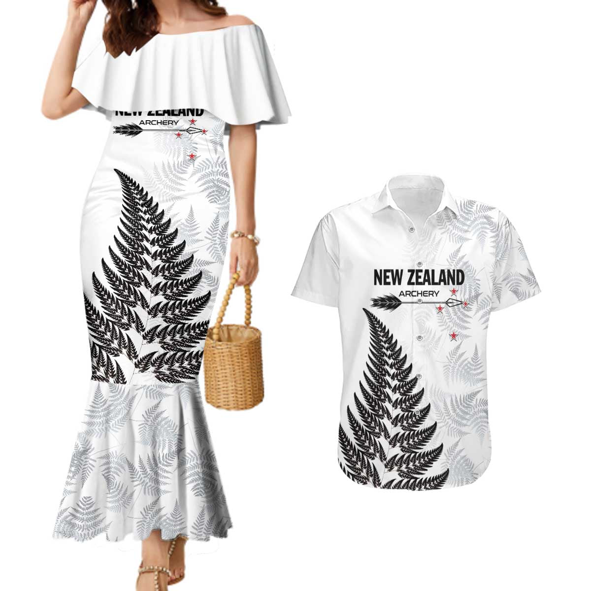 Personalised New Zealand 2025 Archery Couples Matching Mermaid Dress and Hawaiian Shirt Aotearoa Silver Arrows White LT01 White - Polynesian Pride