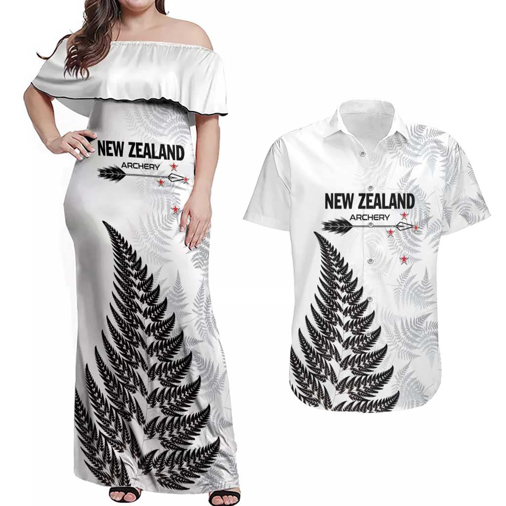 Personalised New Zealand 2025 Archery Couples Matching Off Shoulder Maxi Dress and Hawaiian Shirt Aotearoa Silver Arrows White LT01 White - Polynesian Pride