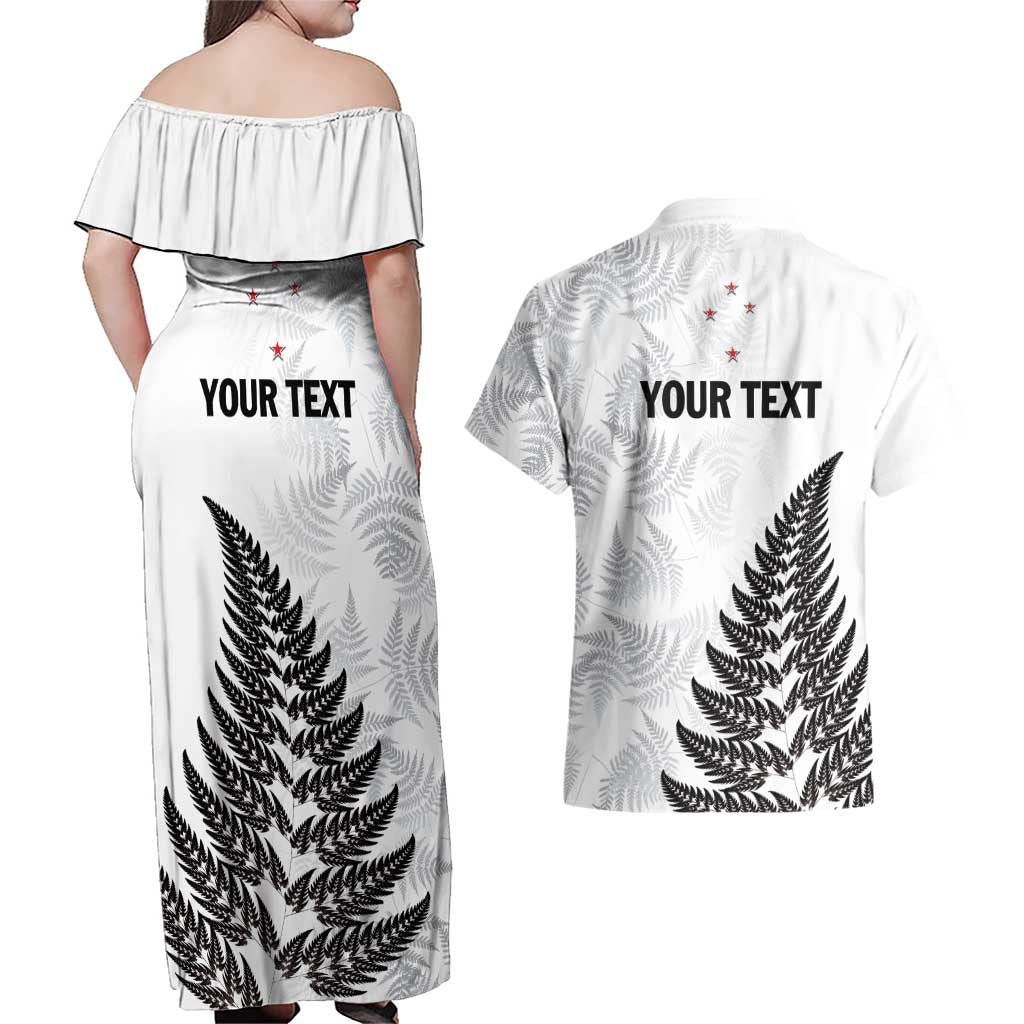 Personalised New Zealand 2025 Archery Couples Matching Off Shoulder Maxi Dress and Hawaiian Shirt Aotearoa Silver Arrows White LT01 - Polynesian Pride