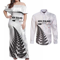 Personalised New Zealand 2025 Archery Couples Matching Off Shoulder Maxi Dress and Long Sleeve Button Shirt Aotearoa Silver Arrows White LT01 White - Polynesian Pride