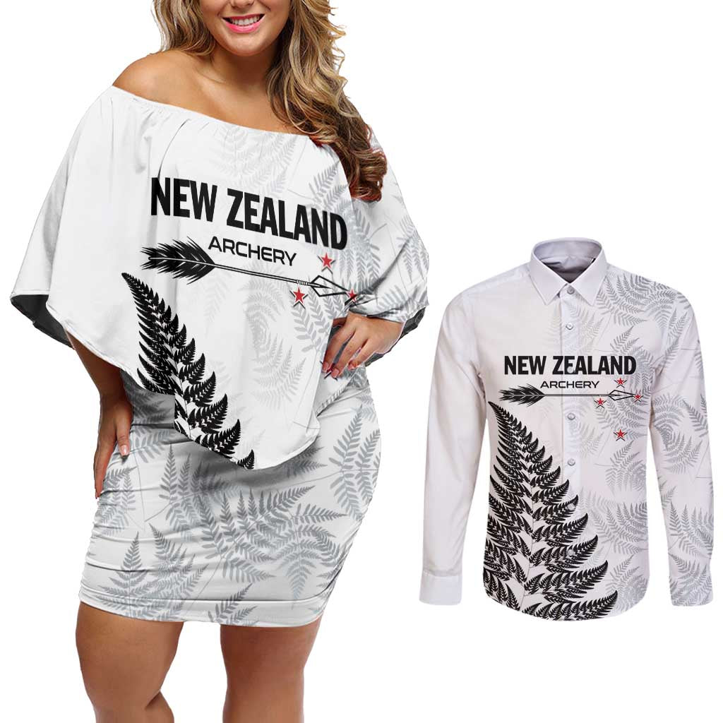 Personalised New Zealand 2025 Archery Couples Matching Off Shoulder Short Dress and Long Sleeve Button Shirt Aotearoa Silver Arrows White LT01 White - Polynesian Pride