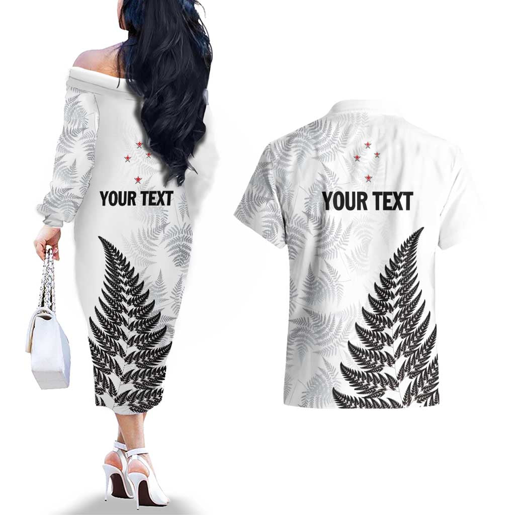 Personalised New Zealand 2025 Archery Couples Matching Off The Shoulder Long Sleeve Dress and Hawaiian Shirt Aotearoa Silver Arrows White