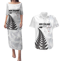 Personalised New Zealand 2025 Archery Couples Matching Puletasi and Hawaiian Shirt Aotearoa Silver Arrows White LT01 White - Polynesian Pride