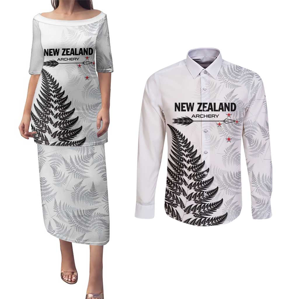 Personalised New Zealand 2025 Archery Couples Matching Puletasi and Long Sleeve Button Shirt Aotearoa Silver Arrows White LT01 White - Polynesian Pride