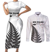 Personalised New Zealand 2025 Archery Couples Matching Short Sleeve Bodycon Dress and Long Sleeve Button Shirt Aotearoa Silver Arrows White LT01 White - Polynesian Pride