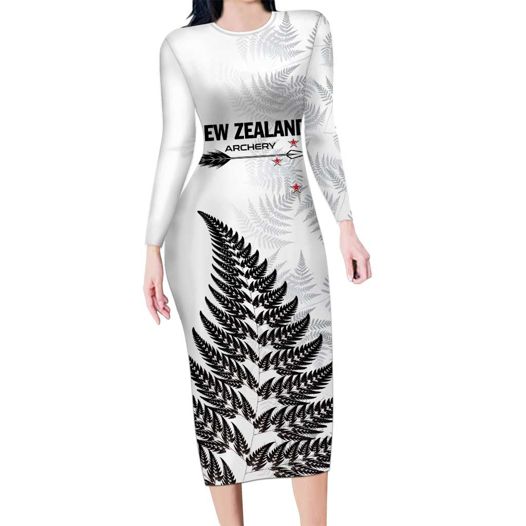 Personalised New Zealand 2025 Archery Family Matching Long Sleeve Bodycon Dress and Hawaiian Shirt Aotearoa Silver Arrows White LT01 Mom's Dress White - Polynesian Pride