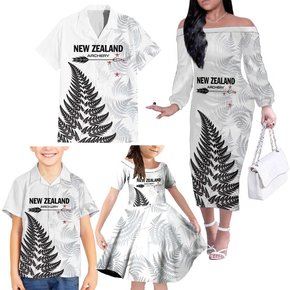 Personalised New Zealand 2025 Archery Family Matching Off The Shoulder Long Sleeve Dress and Hawaiian Shirt Aotearoa Silver Arrows White