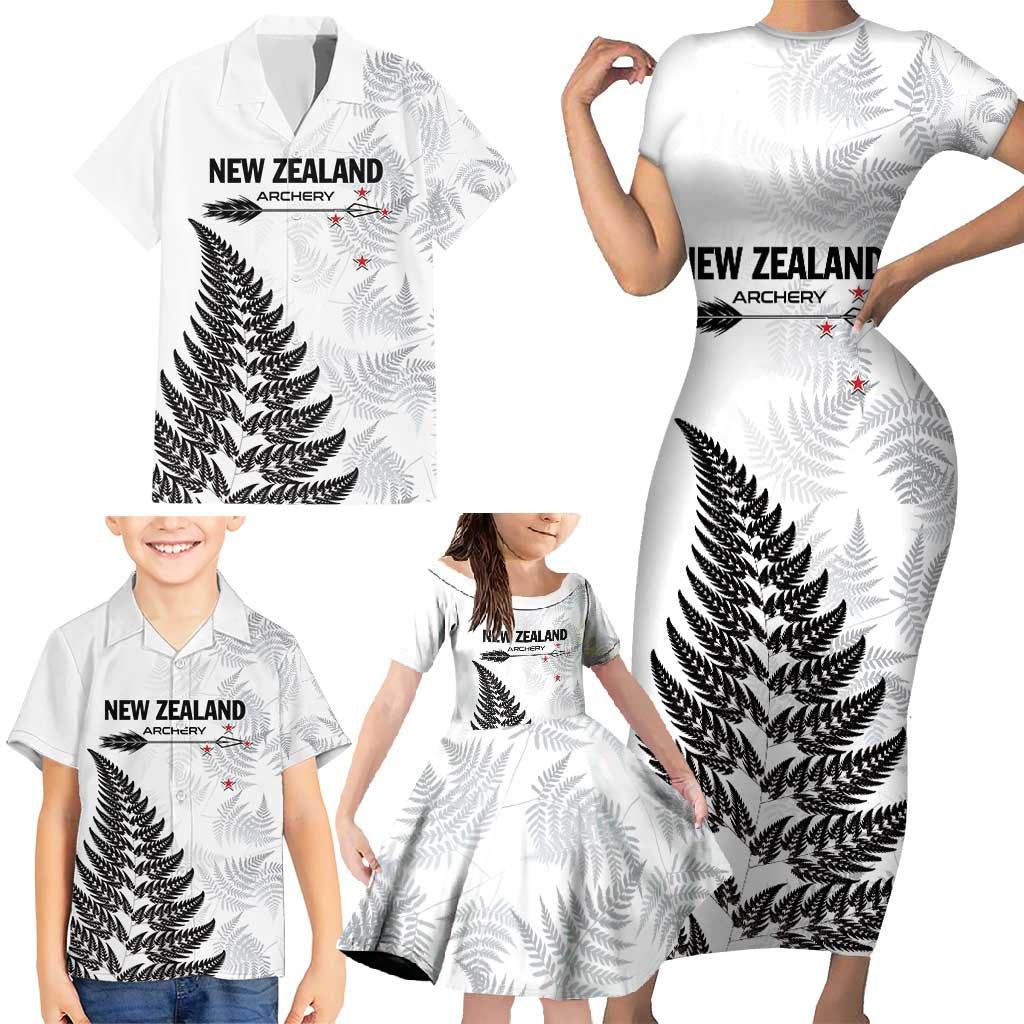 Personalised New Zealand 2025 Archery Family Matching Short Sleeve Bodycon Dress and Hawaiian Shirt Aotearoa Silver Arrows White LT01 - Polynesian Pride