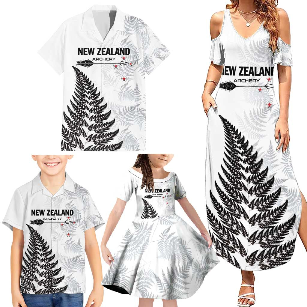 Personalised New Zealand 2025 Archery Family Matching Summer Maxi Dress and Hawaiian Shirt Aotearoa Silver Arrows White LT01 - Polynesian Pride