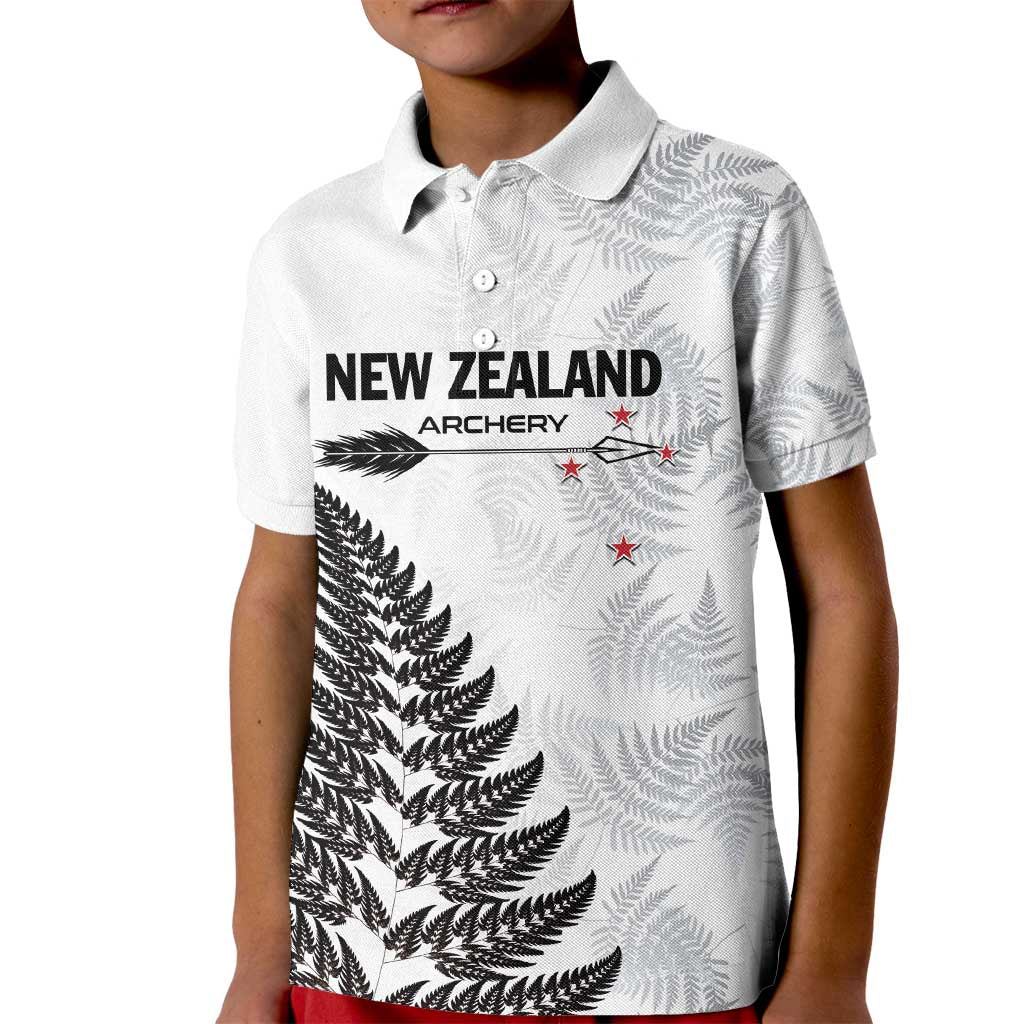 Personalised New Zealand 2025 Archery Kid Polo Shirt Aotearoa Silver Arrows White LT01 Kid White - Polynesian Pride