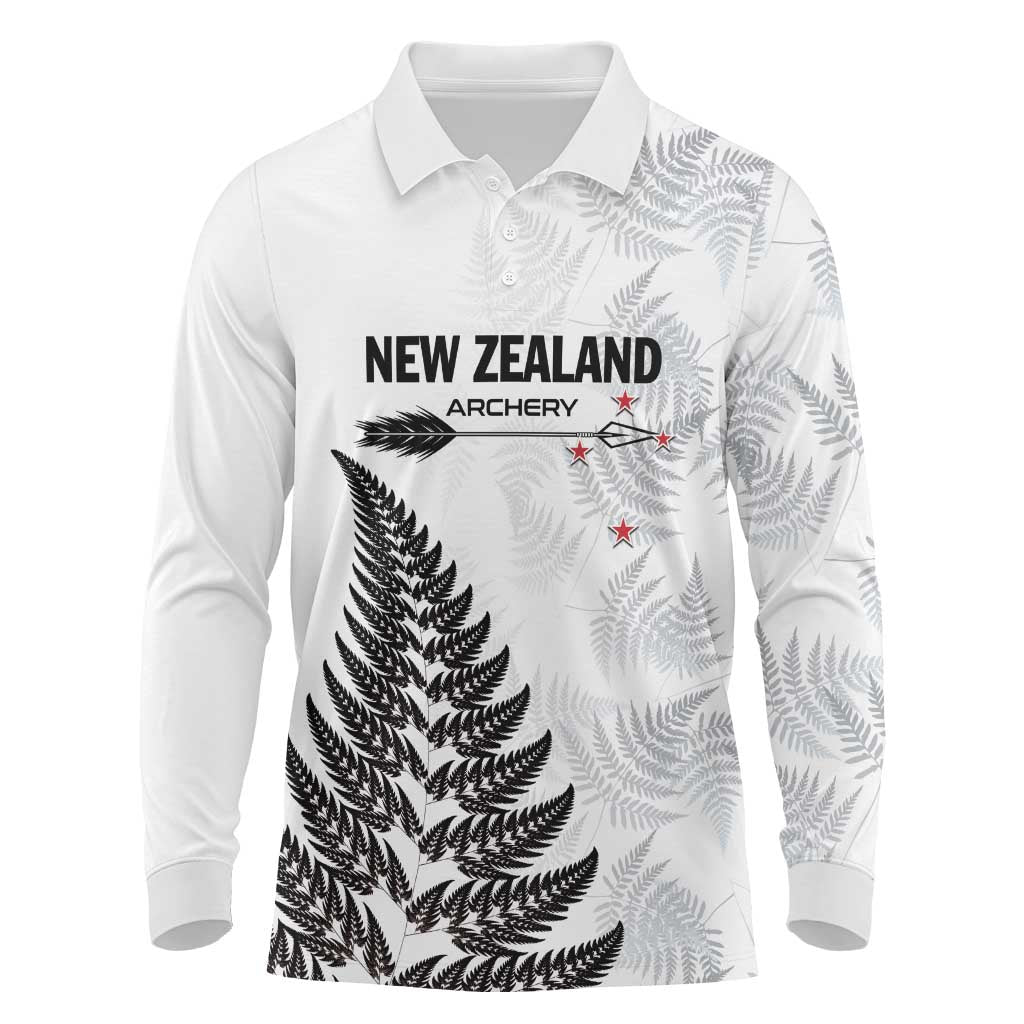 Personalised New Zealand 2025 Archery Long Sleeve Polo Shirt Aotearoa Silver Arrows White LT01 White - Polynesian Pride