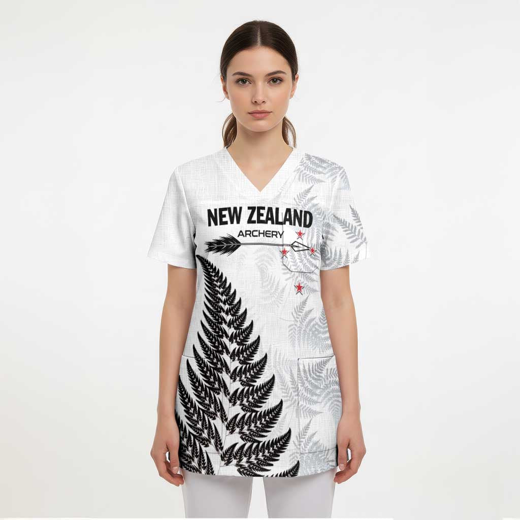 Personalised New Zealand 2025 Archery Scrub Top Aotearoa Silver Arrows White - Polynesian Pride