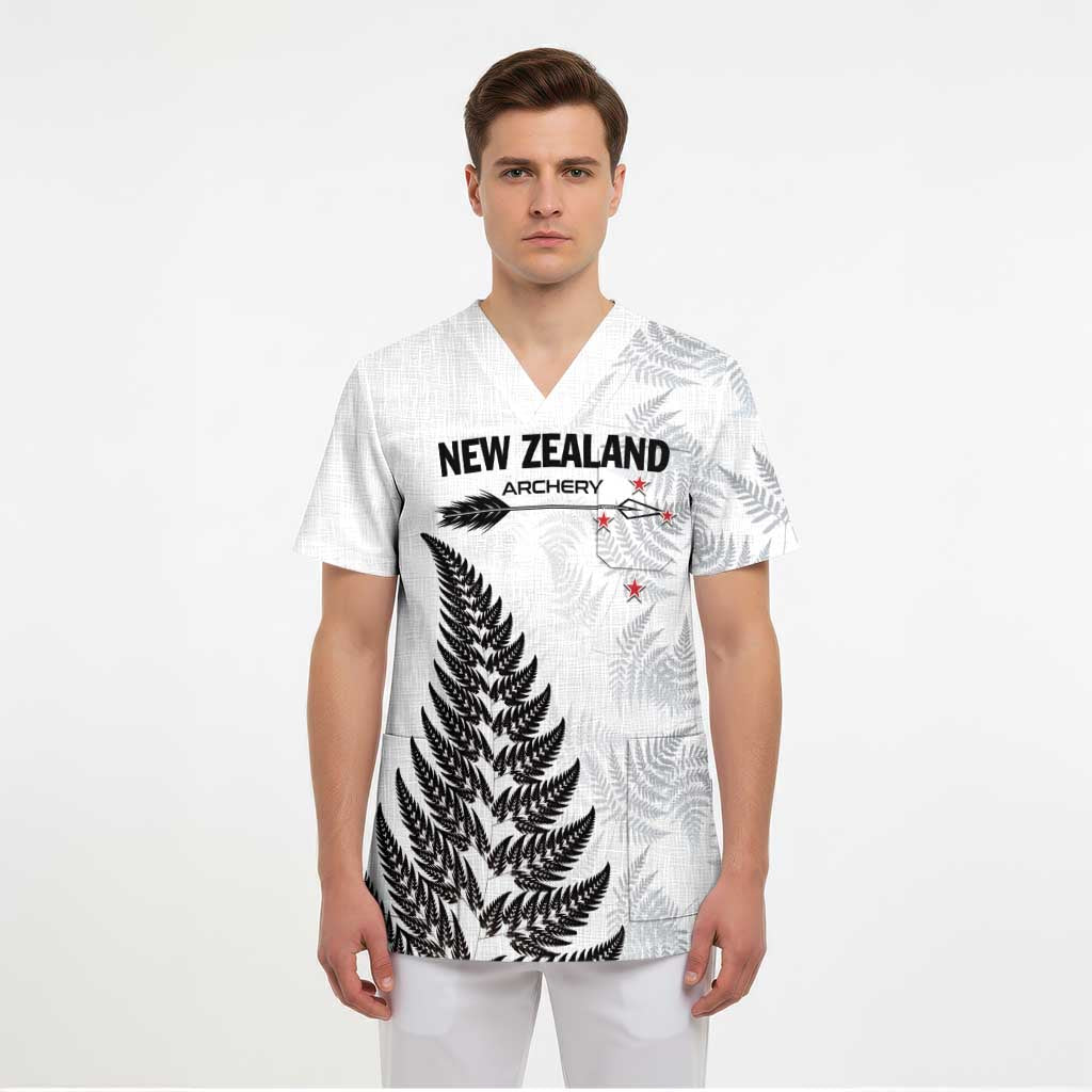 Personalised New Zealand 2025 Archery Scrub Top Aotearoa Silver Arrows White - Polynesian Pride