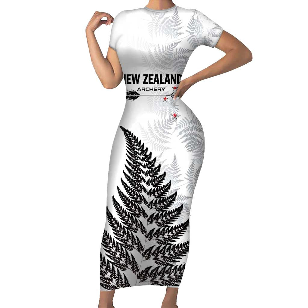 Personalised New Zealand 2025 Archery Short Sleeve Bodycon Dress Aotearoa Silver Arrows White