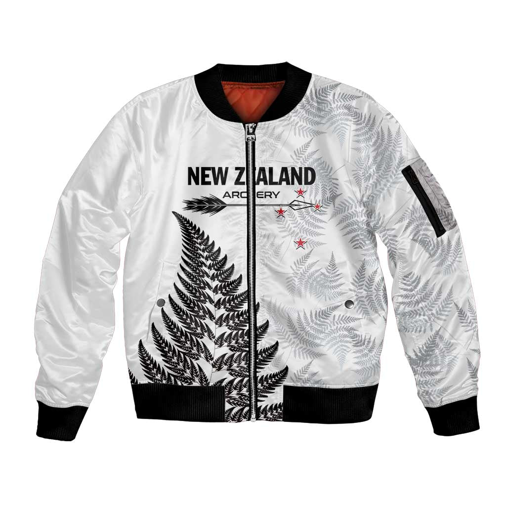 Personalised New Zealand 2025 Archery Sleeve Zip Bomber Jacket Aotearoa Silver Arrows White LT01 Unisex White - Polynesian Pride