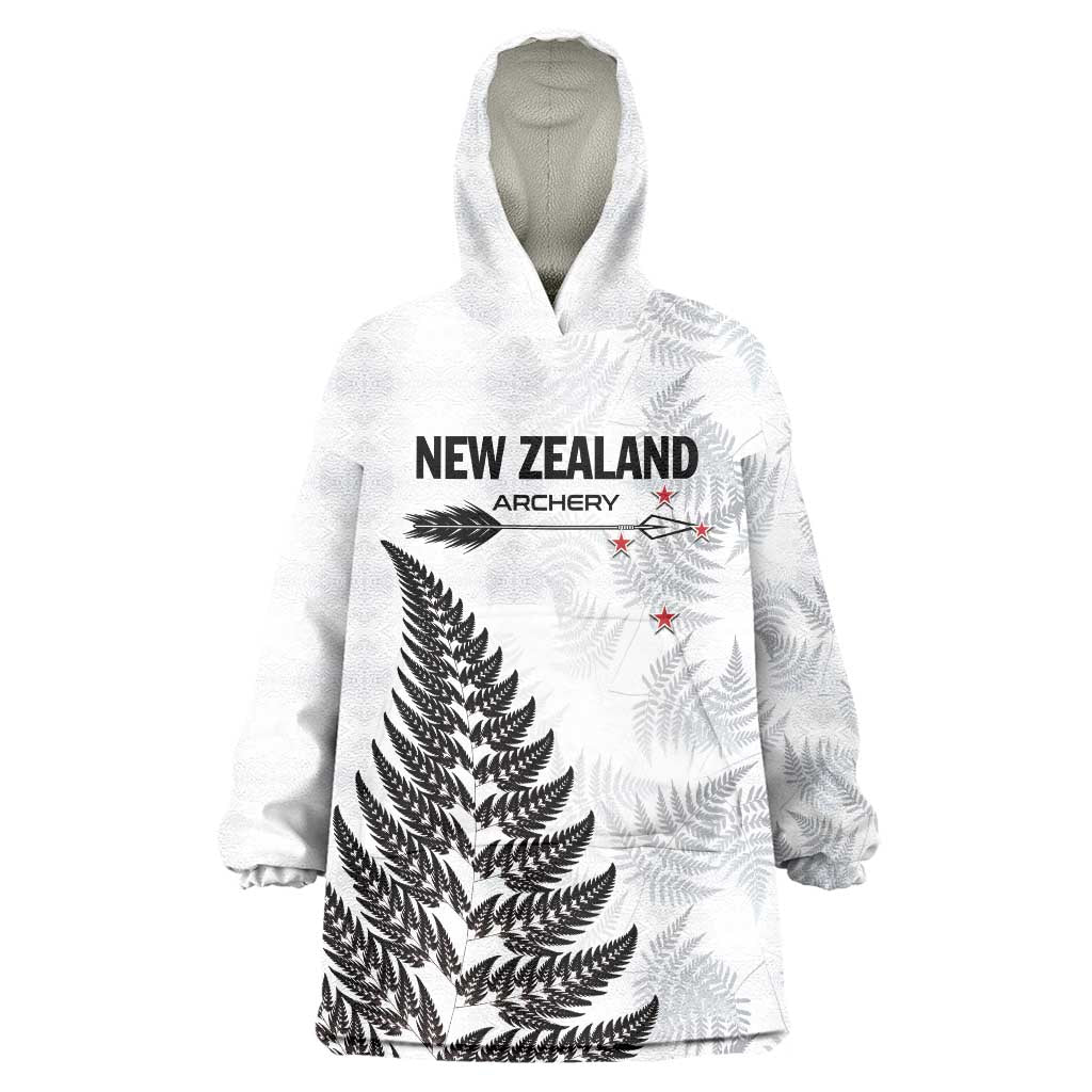 Personalised New Zealand 2025 Archery Wearable Blanket Hoodie Aotearoa Silver Arrows White