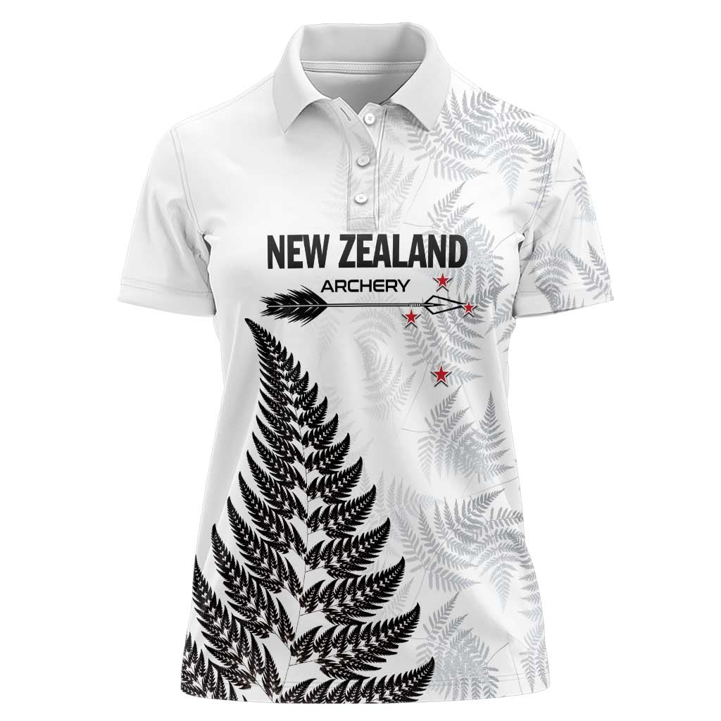 Personalised New Zealand 2025 Archery Women Polo Shirt Aotearoa Silver Arrows White