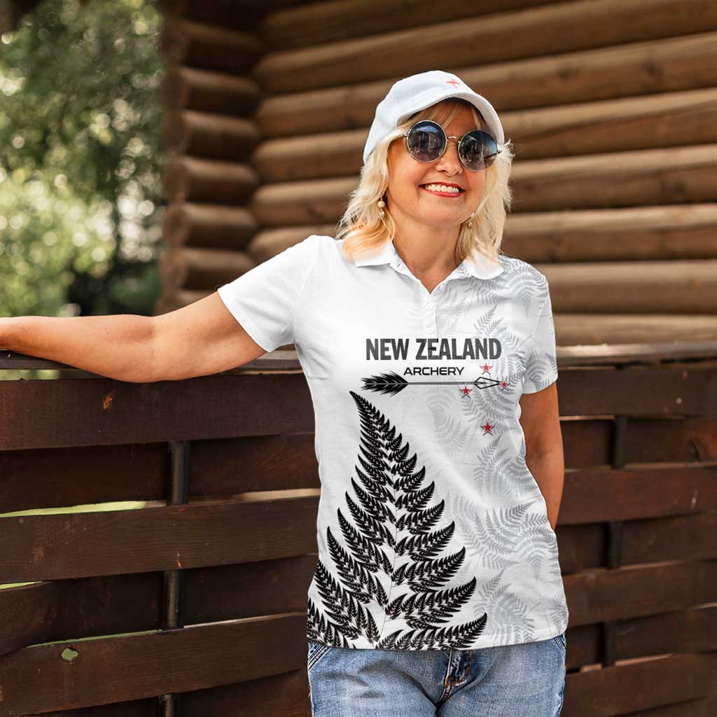 Personalised New Zealand 2025 Archery Women Polo Shirt Aotearoa Silver Arrows White
