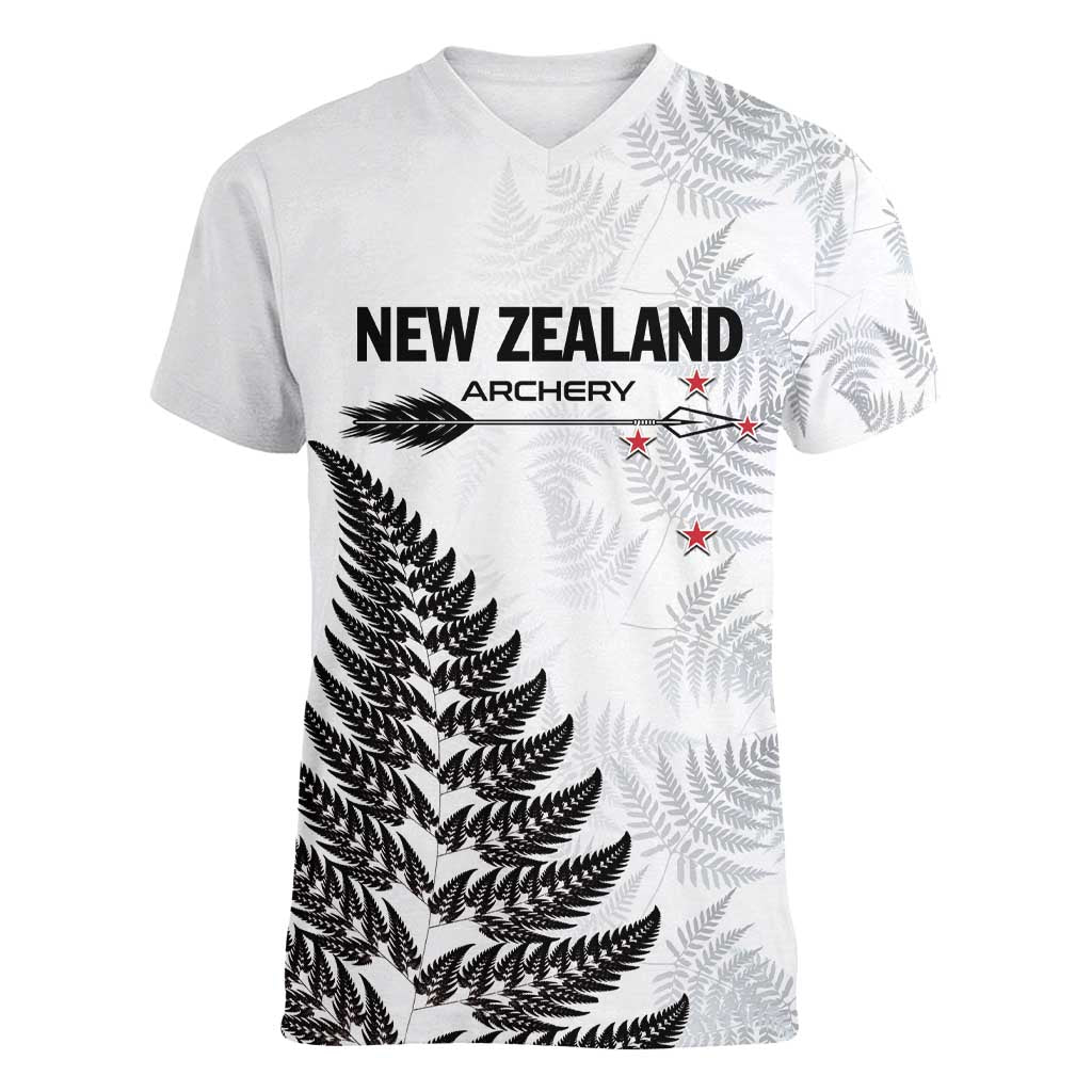 Personalised New Zealand 2025 Archery Women V-Neck T-Shirt Aotearoa Silver Arrows White LT01 Female White - Polynesian Pride