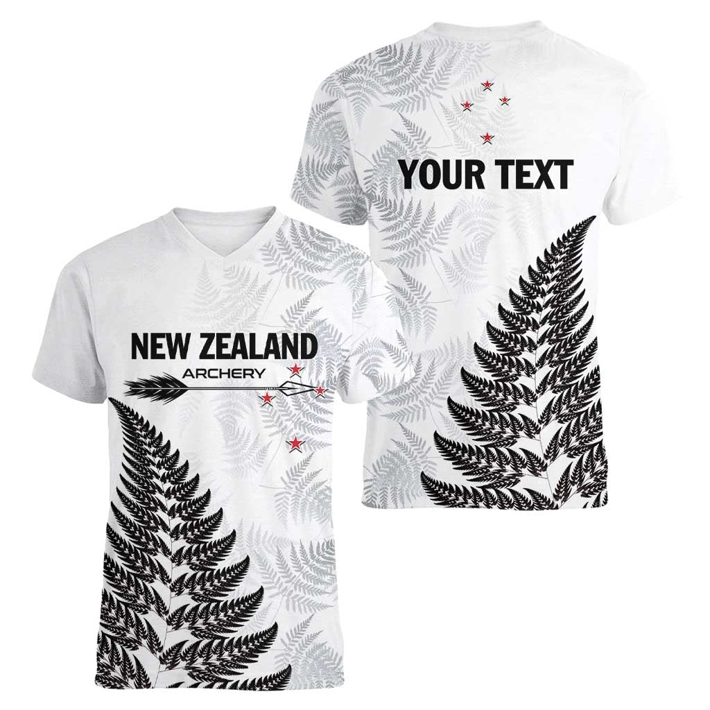 Personalised New Zealand 2025 Archery Women V-Neck T-Shirt Aotearoa Silver Arrows White LT01 - Polynesian Pride