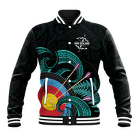 Personalised New Zealand Archery Baseball Jacket Turquoise Maori Silver Fern