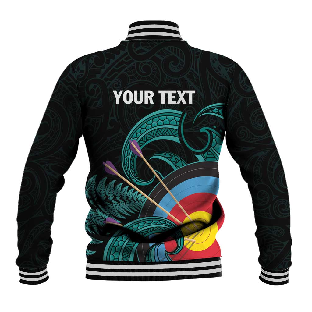 Personalised New Zealand Archery Baseball Jacket Turquoise Maori Silver Fern