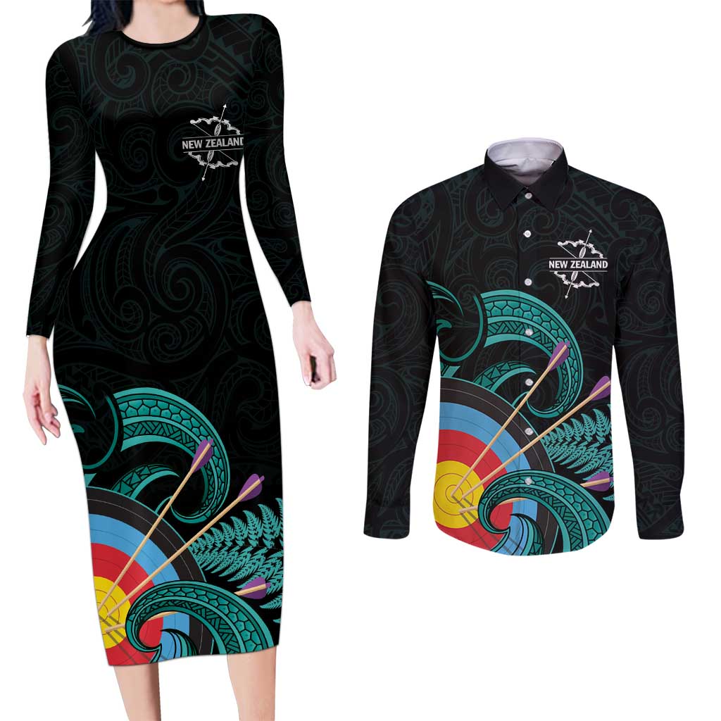 Personalised New Zealand Archery Couples Matching Long Sleeve Bodycon Dress and Long Sleeve Button Shirt Turquoise Maori Silver Fern