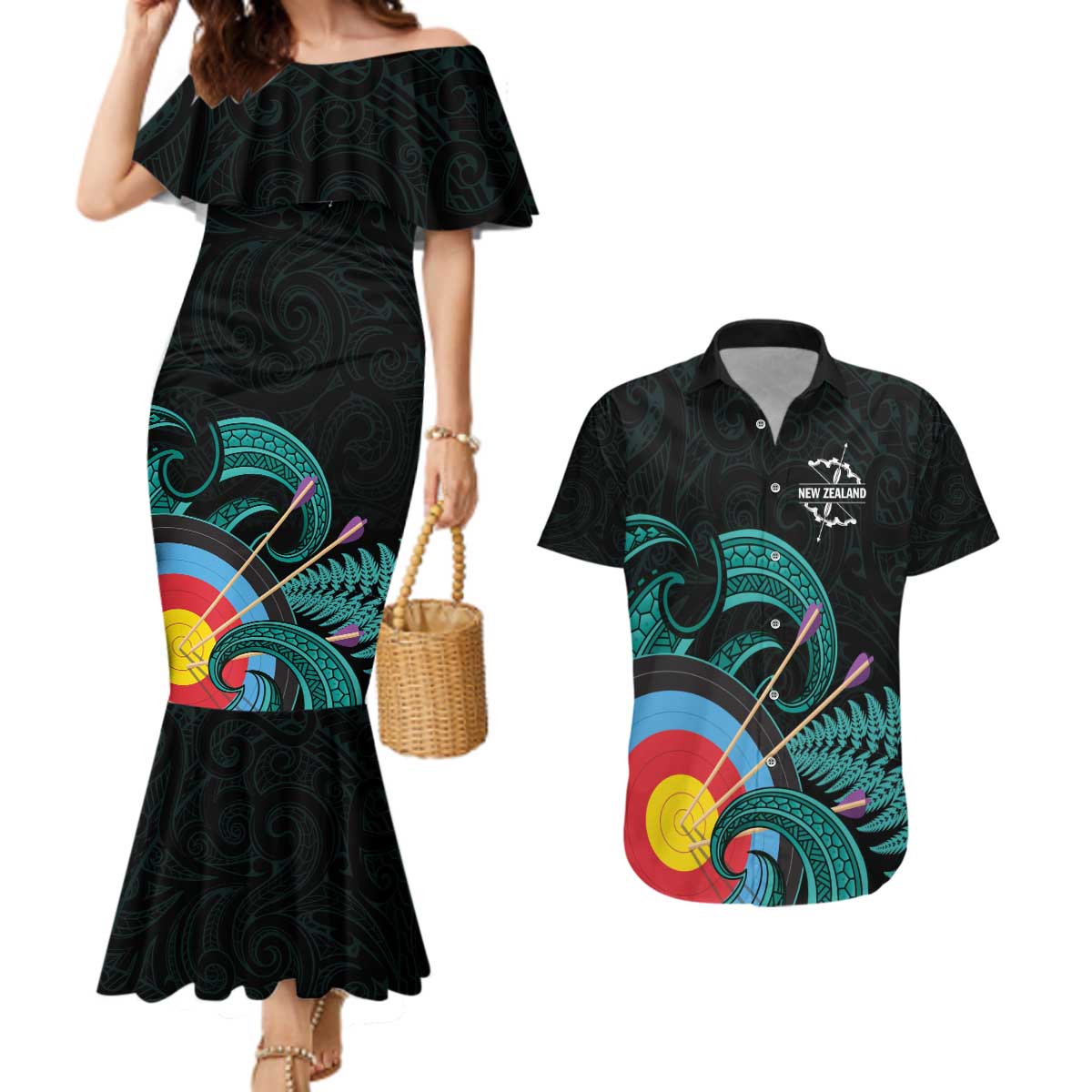 Personalised New Zealand Archery Couples Matching Mermaid Dress and Hawaiian Shirt Turquoise Maori Silver Fern