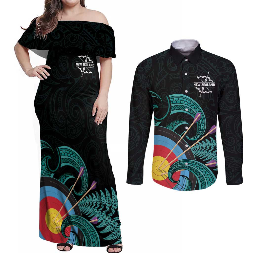 Personalised New Zealand Archery Couples Matching Off Shoulder Maxi Dress and Long Sleeve Button Shirt Turquoise Maori Silver Fern