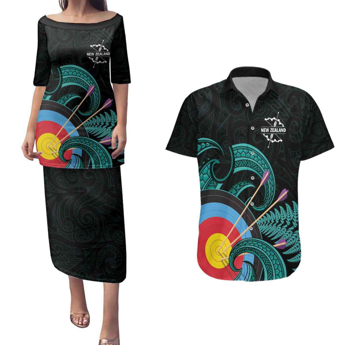 Personalised New Zealand Archery Couples Matching Puletasi and Hawaiian Shirt Turquoise Maori Silver Fern