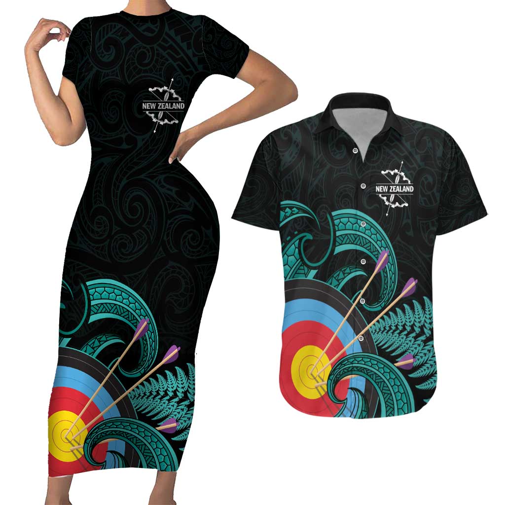 Personalised New Zealand Archery Couples Matching Short Sleeve Bodycon Dress and Hawaiian Shirt Turquoise Maori Silver Fern