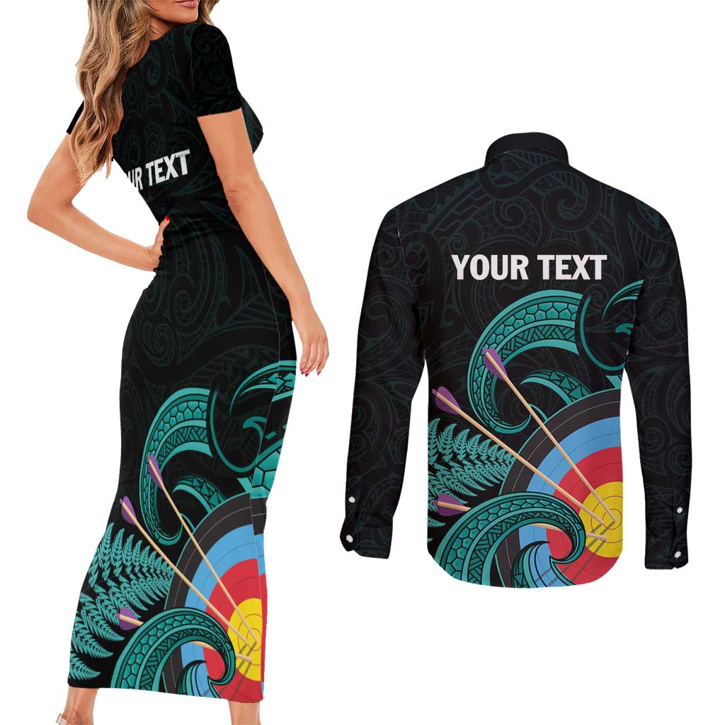 Personalised New Zealand Archery Couples Matching Short Sleeve Bodycon Dress and Long Sleeve Button Shirt Turquoise Maori Silver Fern
