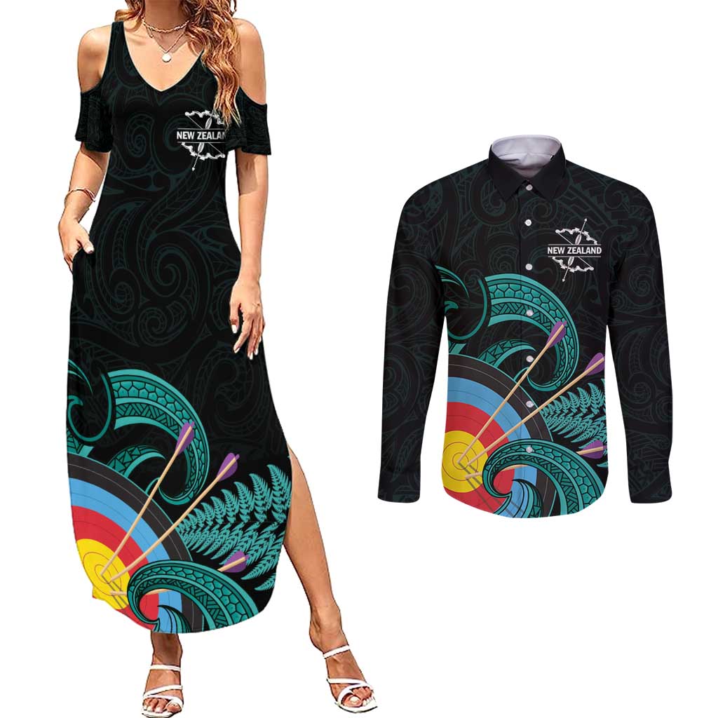 Personalised New Zealand Archery Couples Matching Summer Maxi Dress and Long Sleeve Button Shirt Turquoise Maori Silver Fern