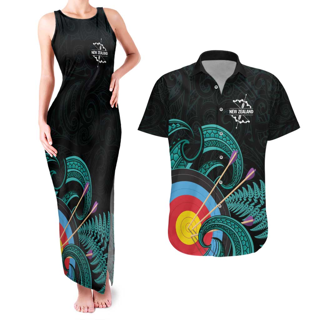 Personalised New Zealand Archery Couples Matching Tank Maxi Dress and Hawaiian Shirt Turquoise Maori Silver Fern