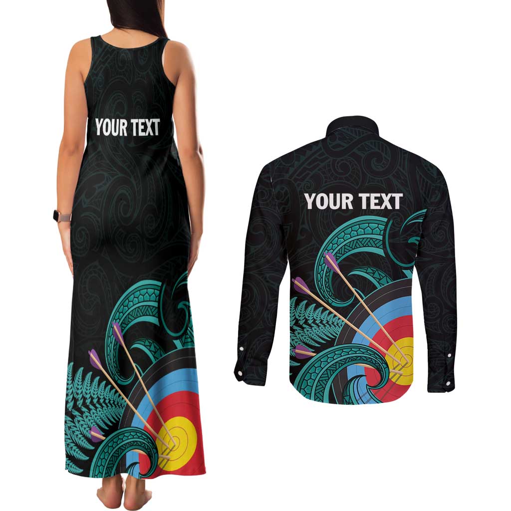 Personalised New Zealand Archery Couples Matching Tank Maxi Dress and Long Sleeve Button Shirt Turquoise Maori Silver Fern